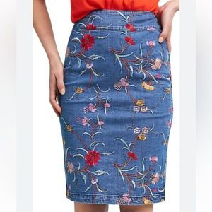Anthropologie Floral Embroidered denim pencil Skirt